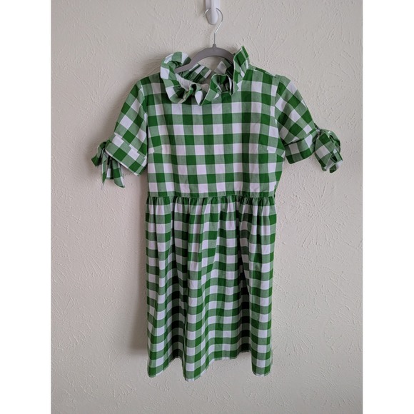 Elizabeth Wilson Judy Lainen green gingham mini dress size S cottagecore summer - Picture 3 of 6
